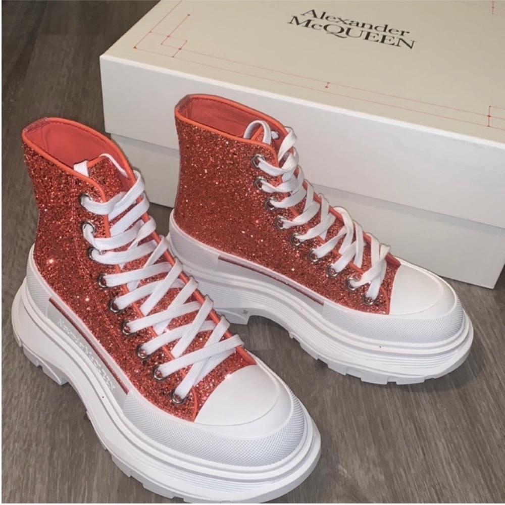Alexander McQueen pink/coral Glitter Platform High-Top Sneakers